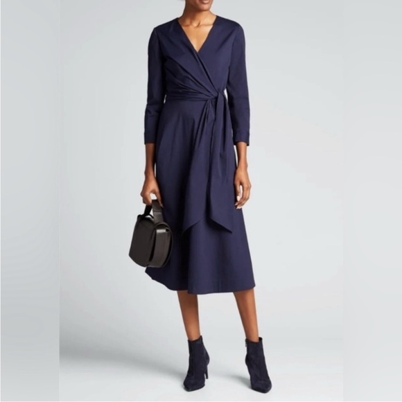 NWT - Lafayette 148 Navy faux wrap 3/4 sleeve Penelope Dress (sz 14) - Picture 2 of 5